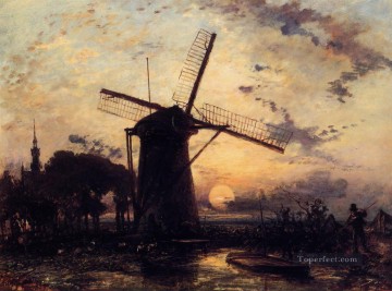  arquero pintura - Barquero junto a un molino de viento al atardecer impresionismo Johan Barthold Jongkind Paisajes río